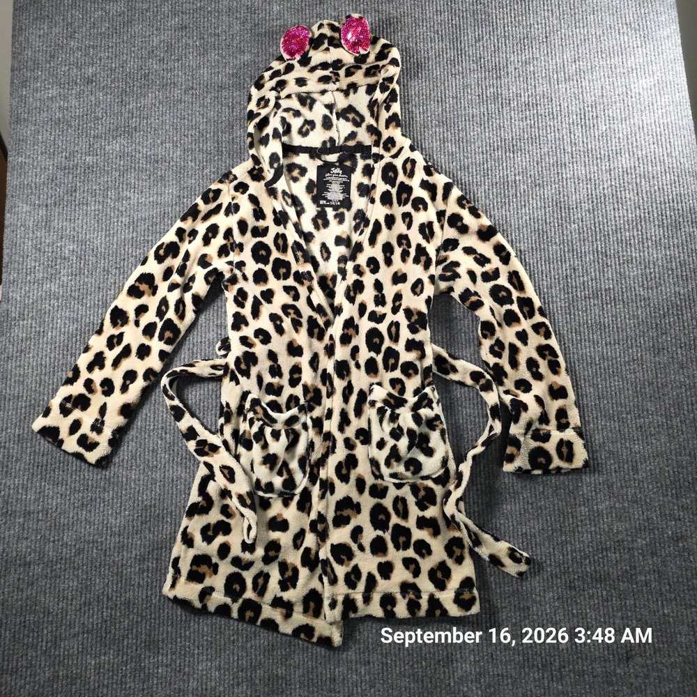 Justice Girls Leopard Print Plush Hooded Robe Pink Sequin Ears Brown Tan 12/14